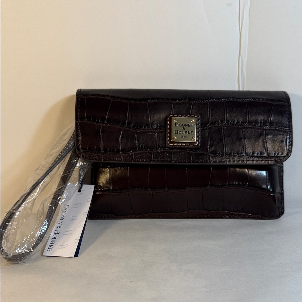 Dooney & Bourke Dark Brown Croc-Embossed Wristlet with Gold Plaque